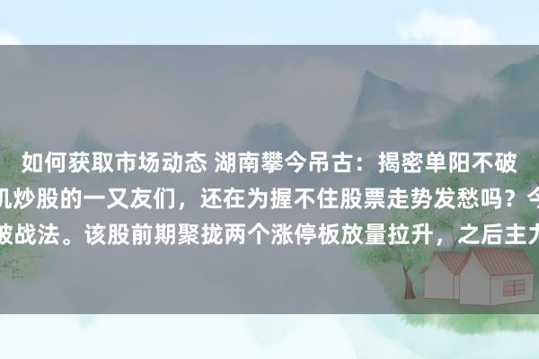 如何获取市场动态 湖南攀今吊古：揭密单阳不破战法，收拢市集潜在契机炒股的一又友们，还在为握不住股票走势发愁吗？今天就来聊聊单阳不破战法。该股前期聚拢两个涨停板放量拉升，之后主力高开低走轰动洗盘。这期间，股价虽跌破五...